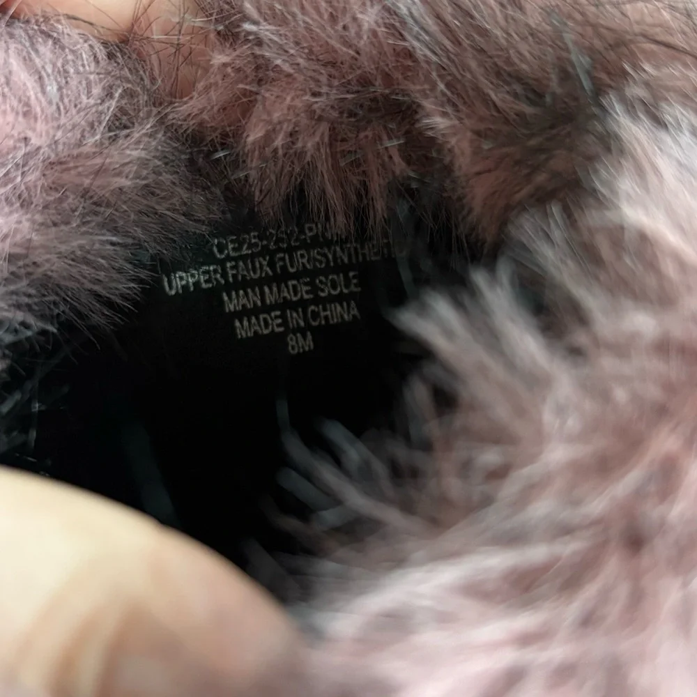 Dolls Kill Pink Faux Fur Platform Boots with Black Strap Details